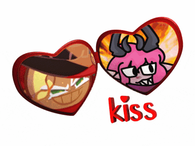 a couple of hearts with the word kiss in red