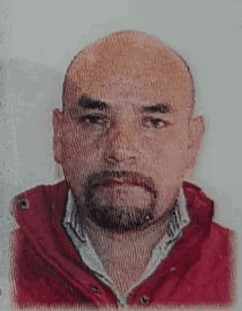a bald man with a beard and mustache is wearing a red vest .