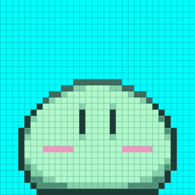 a pixel art of a green object with a pink face