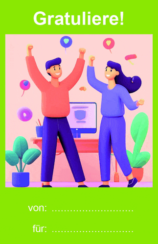 an illustration of a man and a woman celebrating with the words gratuliere