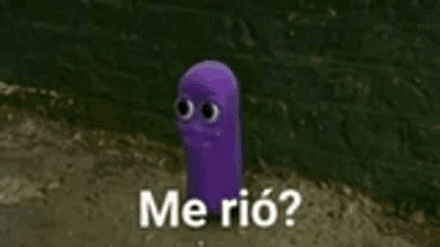 a purple worm with big eyes and the words `` me rio '' on it .