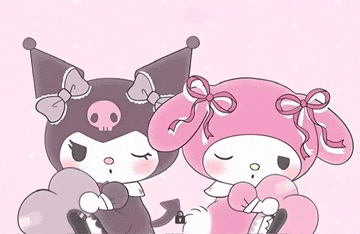 a drawing of two cartoon characters sitting next to each other on a pink background ..