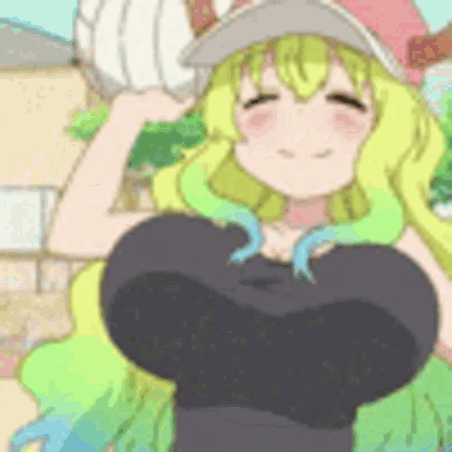a close up of a cartoon girl with huge breasts and a hat .