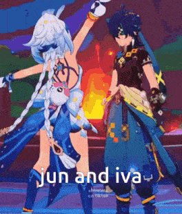 a couple of anime characters standing next to each other with the words jun and iva on the bottom right