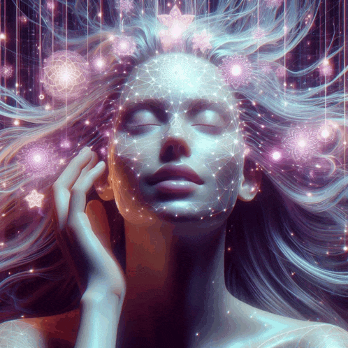 a woman with her eyes closed is surrounded by stars