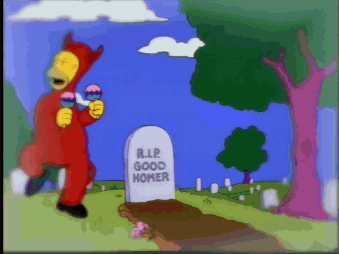 a cartoon character in a devil costume is standing in front of a grave that says r.i.p good homer