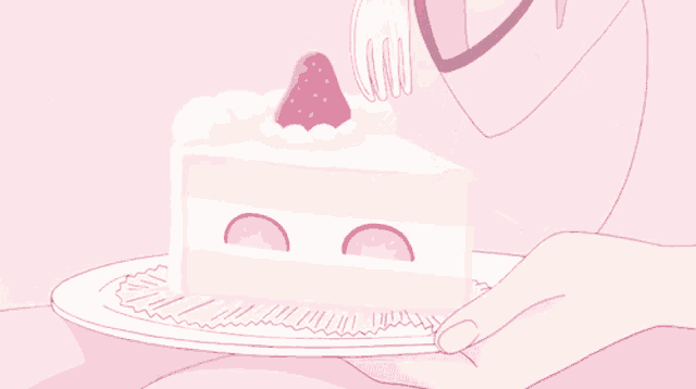 a person is holding a piece of cake with strawberries on top