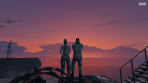 a man and a woman are standing in front of a sunset in a video game called grand theft auto 5