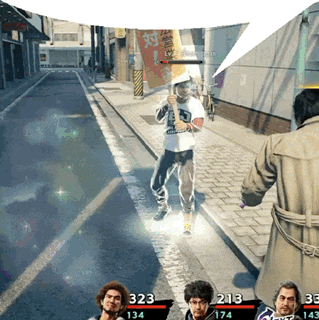 a man in a trench coat is holding a sword in a video game with the number 323 on his shirt