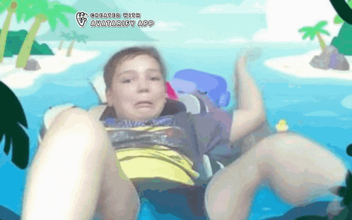 a boy is laying on a raft in the water with the words creator with avatarify app written on the bottom
