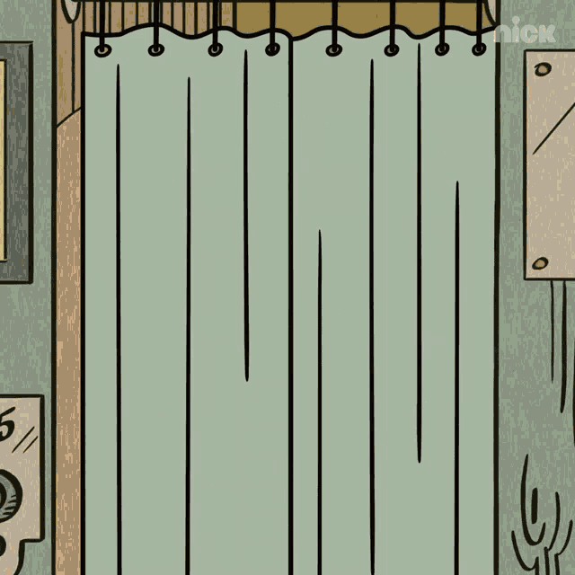 a cartoon of a girl behind a shower curtain with the nick logo visible