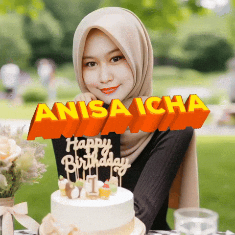 a woman in a hijab is holding a birthday cake with the name anisa icha on it
