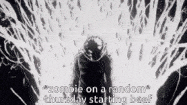 a zombie on a random thursday starting beef is standing in a dark forest .