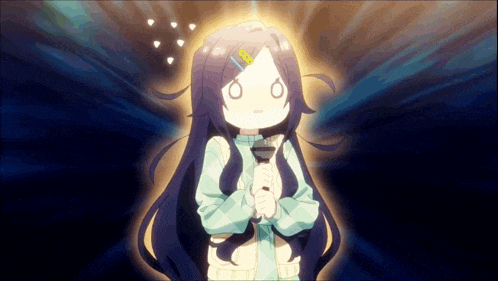 a girl with long dark hair is holding a microphone