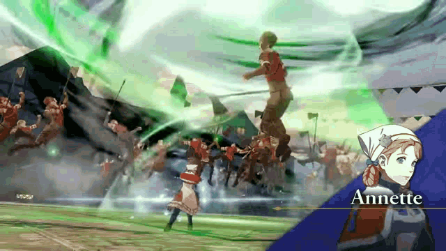 a video game character named annette is being attacked by a group of soldiers