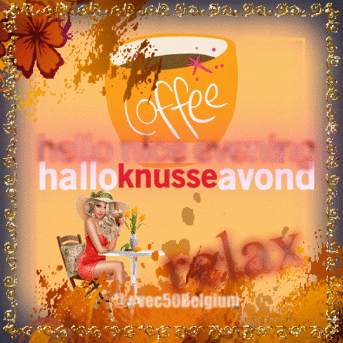 a picture of a woman sitting at a table with a cup of coffee and the words hello nice evening hallo knusseavond