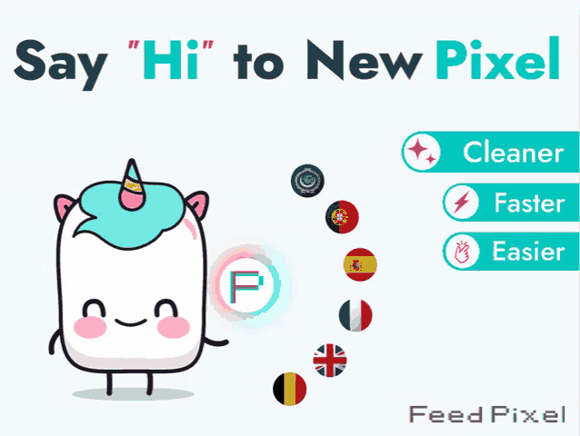 a cartoon unicorn with the words say hi to new pixel on the bottom