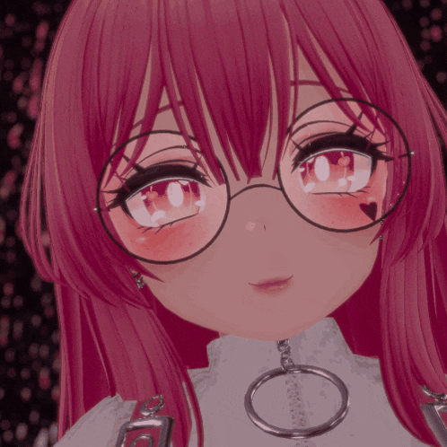 a girl with pink hair and glasses has a heart in her eye