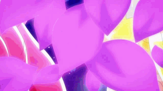 a close up of a person 's face with purple flowers behind them .