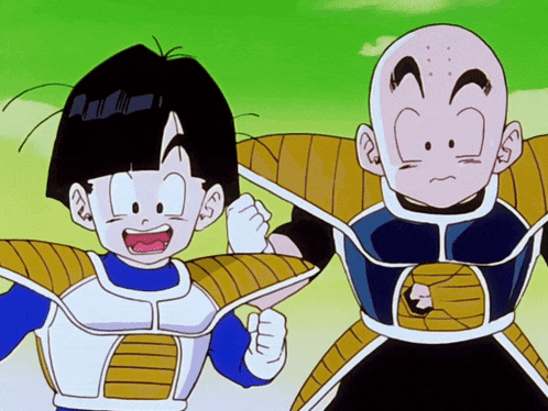 two cartoon characters are standing next to each other and one has his fist up