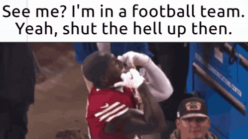 a picture of a football player with the caption " see me i 'm in a football team "