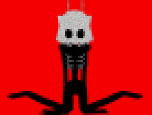 a pixel art drawing of a skeleton with a red background