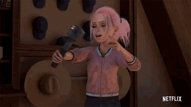 a girl with pink hair is holding a remote control in front of a wall of hats and says netflix on the bottom