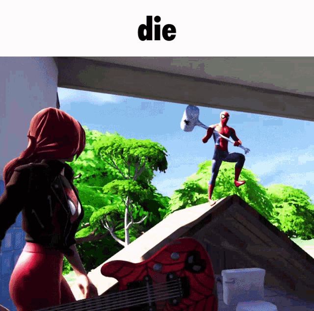 a woman playing a guitar in front of a spiderman holding a hammer and the word die above her