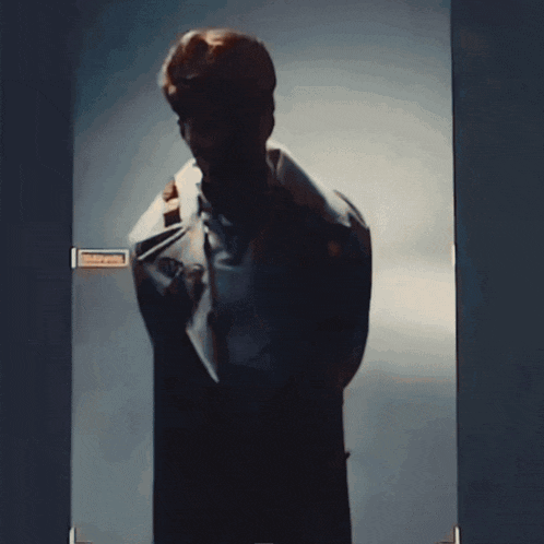 a painting of a man standing in front of a door with a sign that says emergency exit