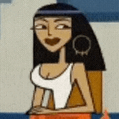 a cartoon of a woman with long black hair wearing a white tank top and earrings .