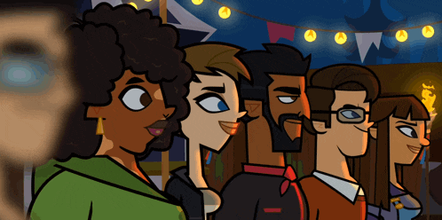 a group of people standing next to each other in a cartoon scene
