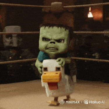 a cartoon character is holding a chicken in a boxing ring .