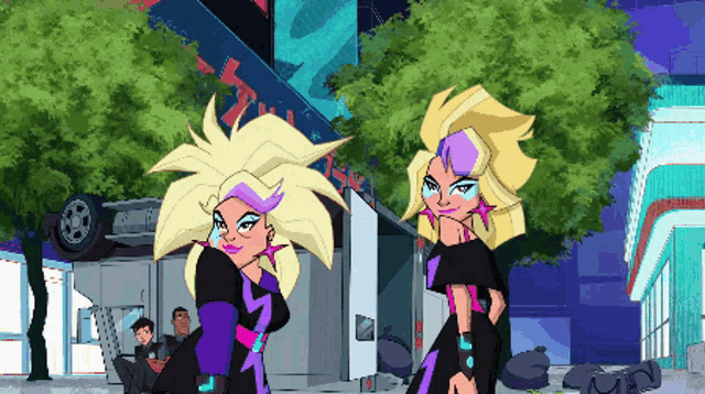 two cartoon characters are standing next to each other in front of a building that says ' x ' on it
