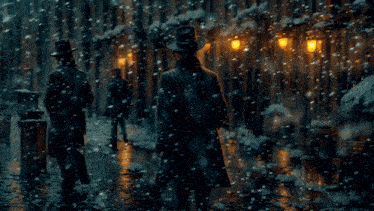 a man in a top hat stands in the snow with other men