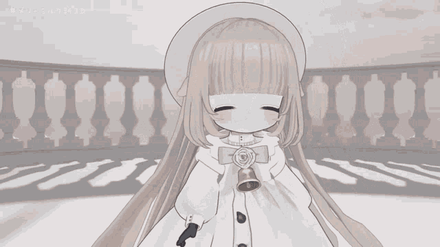 a girl in a white dress is holding a bell in her hands and has a rose on her shirt