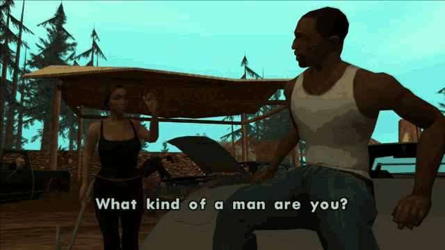 a man and a woman are talking in a video game and the man asks what kind of a man are you