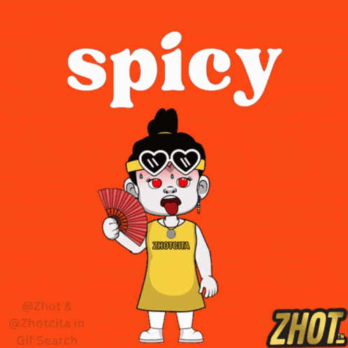 a cartoon of a girl holding a fan with the word spicy in white letters