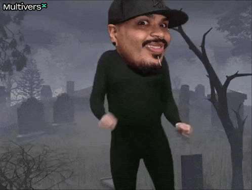 a cartoon of a man in a cemetery with the words multivers on the bottom right