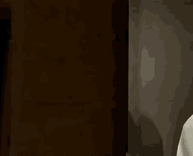 a person in a white shirt is standing in a dark room next to a wall .