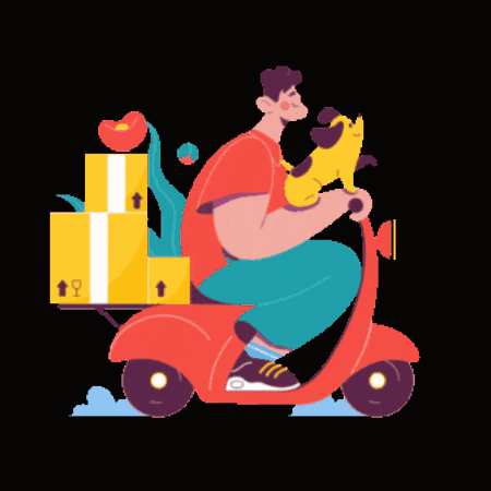 an illustration of a man riding a scooter with boxes and a dog with the words vamos en camino below him