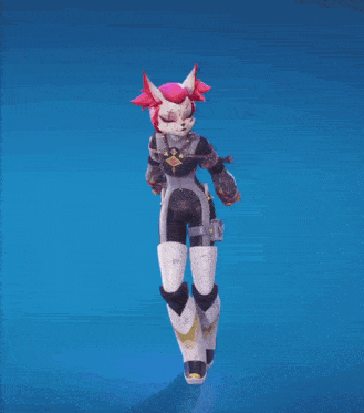 a video game character with a fox 's tail is walking on a blue background