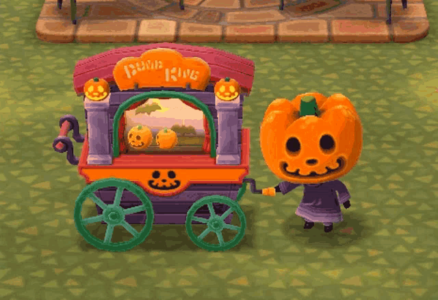 a cartoon character wearing a pumpkin head stands next to a pumpkin cart