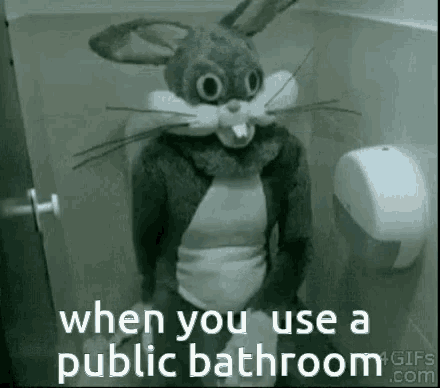 a stuffed bunny is sitting on a toilet with the words `` when you use a public bathroom '' .