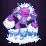 a cartoon illustration of a purple and white monster standing on top of a pile of ice .