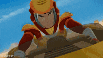 a cartoon character is riding a yellow vehicle in the air .