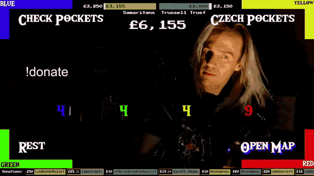 a screen shows a man with long blonde hair and the words check pockets