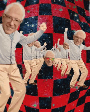 a collage of older men dancing in front of a checkered pattern