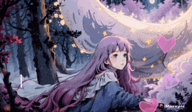 a picture of a girl with purple hair and a movepic logo