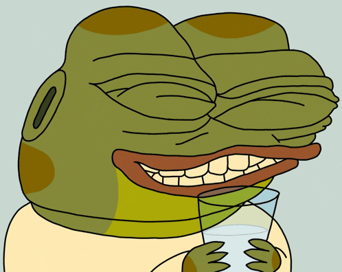 a cartoon frog is holding a glass of water with his eyes closed