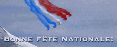 a bonne fete nationale greeting card with red and blue smoke coming out of planes
